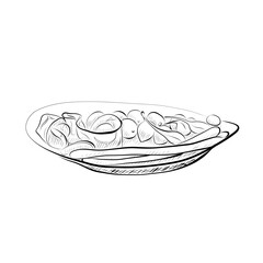 Line drawing. Food in line art style - Italian cuisine plate with snacks prosciutto, cheese, etc. Vector minimalist design