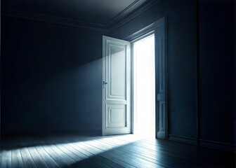 Fototapeta premium Dark Room Door Opening to Bright White Light in 4K Resolution 3D Render Animation