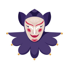 Deep purple jester carnival mask adorned with bells and jabot. Dramatic joker-style masquerade mask for Mardi Gras. Venetian party clown face covering. Festive flat vector illustration isolated