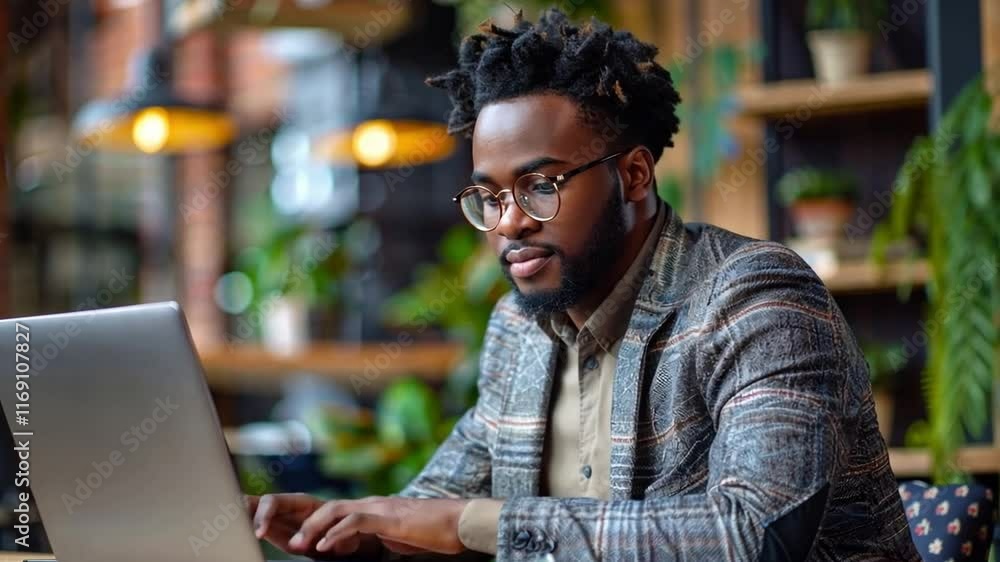 Poster a focused individual engages with his laptop in a trendy cafe adorned with greenery. natural light f