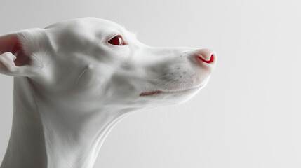 Fototapeta premium Close-up portrait of a white greyhound with a woman's face, elegant, surreal, minimalist