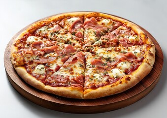 Delicious Freshly Baked Pizza with Toppings of Cheese, Ham, Herbs, and Tomato Sauce Served on a Wooden Board Ready for Enjoyment and Sharing