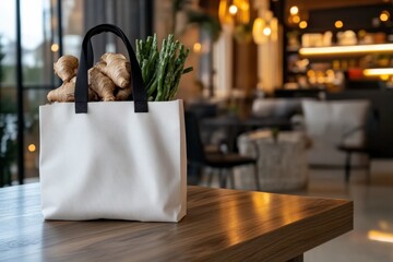 A stylish white bag filled with fresh ginger and green vegetables, set against a modern café backdrop, showcasing healthy eating and sustainable shopping habits.