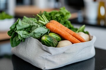 A fabric bag brimming with fresh greens, carrots, and other seasonal vegetables, presented in a stylish kitchen setting that highlights healthy eating trends.