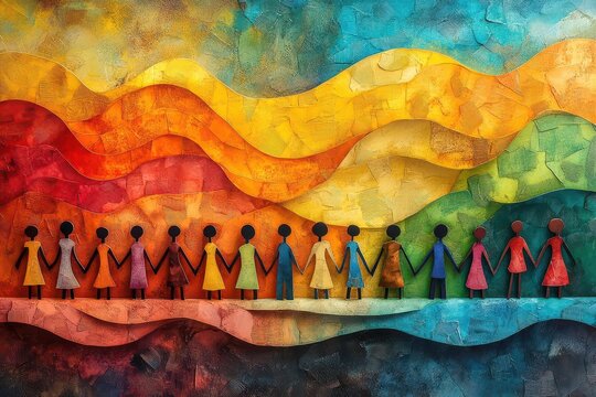 paper cutout depicting a diverse crowd standing united symbolizing community and teamwork with vibrant colors and dynamic shapes creating a lively and engaging visual narrative