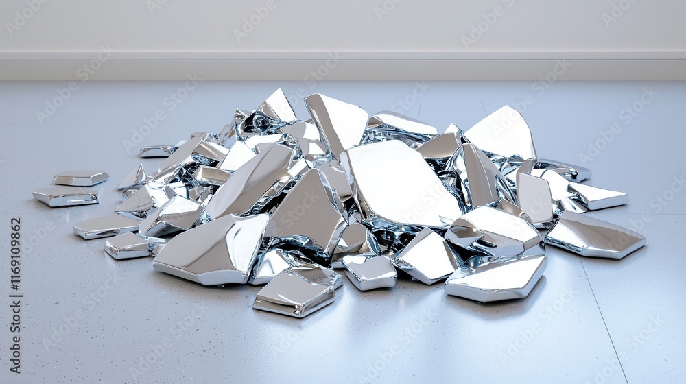 Poster pile of shiny metallic fragments reflecting light in modern minimalist space setting