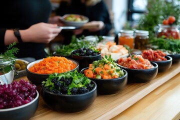 Obraz premium A beautifully arranged table showcasing vibrant salads and jars filled with colorful ingredients, emphasizing the importance of healthy eating and fresh food presentation.