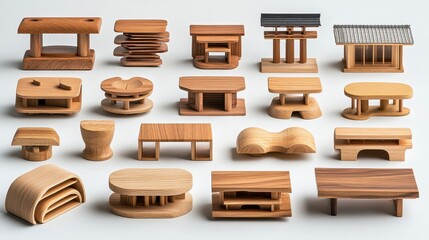 Collection of miniature wooden architectural models on white background.