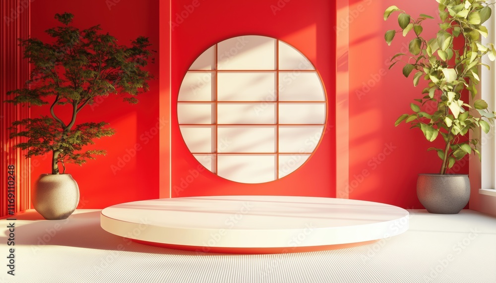 Poster japanese architectural podium for branding and product presentation: a detailed rendering of a visua
