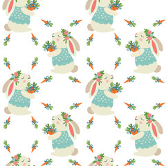 Easter bunny with carrot, seamless pattern, design for fabric, packaging, vector