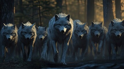 A pack of wolves walks through a dark forest