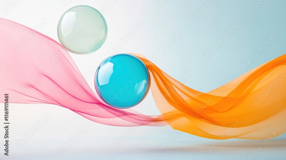 Poster dynamic playful composition of colorful bubbles and flowing textiles in a soft background