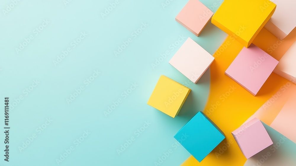 Poster dynamic three dimensional geometric shapes on a colorful background in soft pastel tones and vibrant