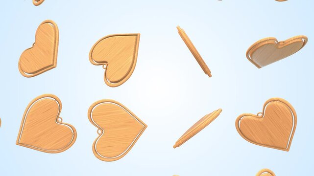 Heart Shape Keychains Falling on a Light Background. Wooden Textured Keychains. 4K