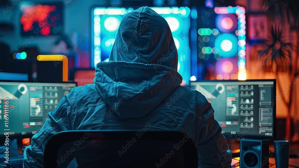 Poster In a dimly lit room filled with colorful LED lights, a programmer wearing a hood works intently at multiple computer screens, focused on various coding projects during the night.