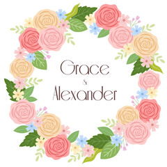 Floral Flat Style Wreath Rose Flowers with Bride and Groom Name