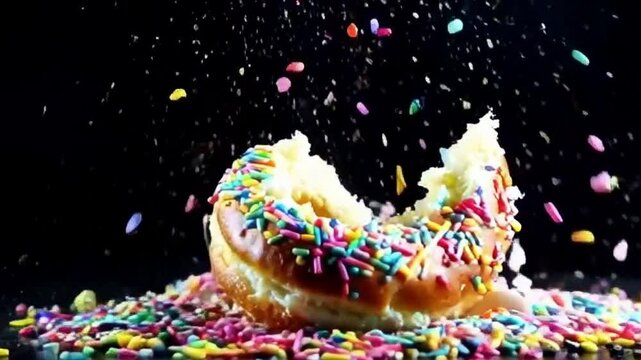 Sprinkle cronut bursting with flying sprinkles and colorful glaze under dark background with multicolored lighting and playful vibe