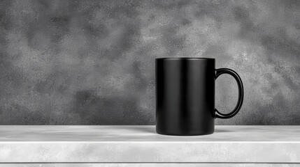 Black coffee mug on a minimalistic wooden table with a textured grey background