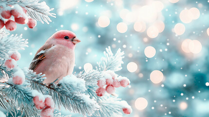 Bullfinch Sitting on the Snowy Winter Branches