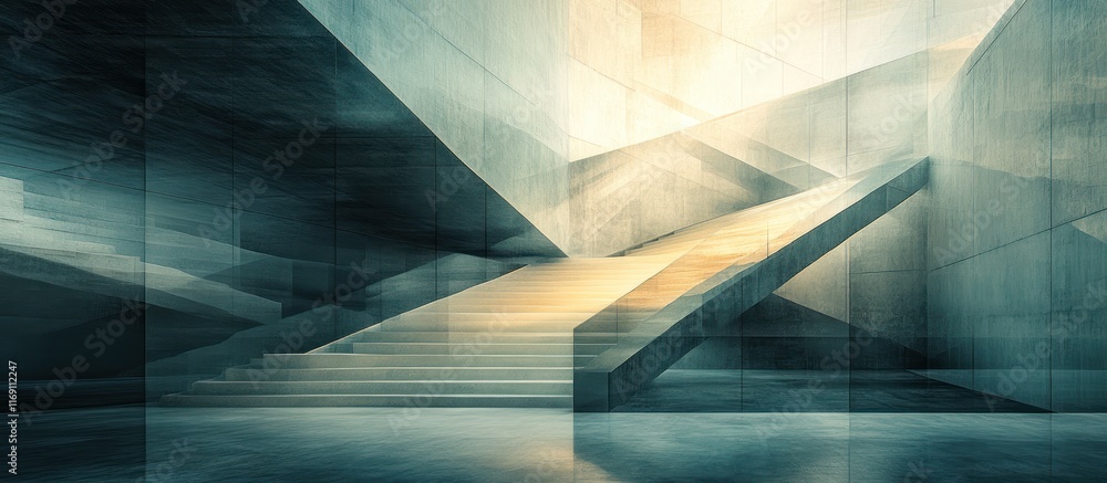 Poster abstract modern architecture with concrete stairs and ramp, showcasing light and shadow.