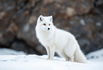 Obraz premium A white arctic fox standing in the snow, with a rocky background