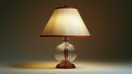 Illuminated table lamp with pleated shade, glass base, and wooden accents.