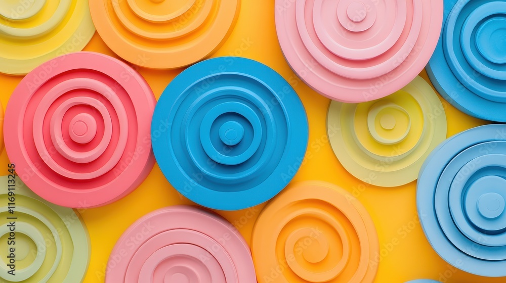 Poster dynamic three-dimensional colorful circular shapes on bright yellow background