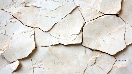 Fototapeta premium Cracked White Wall Surface with Textured Pattern of Broken Plaster and Fissures in Distressed Condition