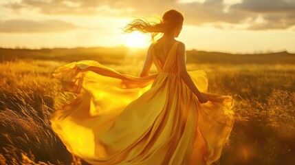 A vibrant silk dress blowing in the wind during a golden hour, showcasing movement and luxury in fashion