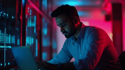 A serious man works intently at his laptop in a stylish office lit by colorful lights. The atmosphere is dynamic, creating a blend of creativity and concentration