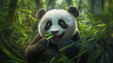 Obraz premium Happy Panda Cub Eating Bamboo In Lush Forest