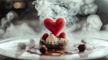 Fototapeta premium A heart shaped dessert with raspberries on top. The dessert is sitting on a plate. The dessert is surrounded by a cloud of smoke
