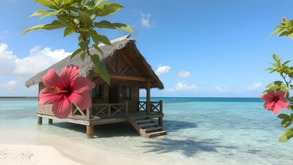 beautiful  polynesian chouse on a beach and hibiscus in the polynesian sea
