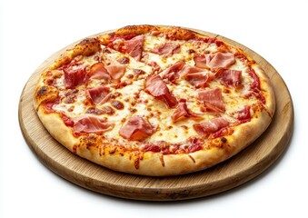 Delicious homemade pizza with fresh ingredients, cheese, and sliced meat on a wooden pizza board ready to be served, perfect for food lovers and chefs alike