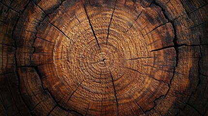 Naklejka premium Tree Rings Texture: A close-up shot of a tree stump's cross-section, showcasing intricate concentric rings and rich, dark wood grain. Perfect for rustic, nature, and vintage designs. 