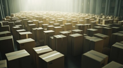 Fototapeta premium Large cardboard box packages stacked in a spacious industrial warehouse, highlighting the efficiency of goods movement and the dynamic flow of modern logistics and supply chain operations