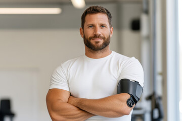 Obraz premium A fit and confident man poses in a modern fitness environment, showcasing a healthy lifestyle and commitment to personal fitness with a friendly smile and a captivating presence.