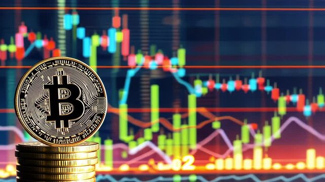 The video frame depicts Bitcoin coins in front of fluctuating cryptocurrency market charts, illustrating financial analysis and investment trends