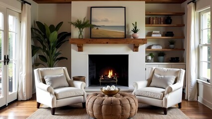 Fototapeta premium Interior of cozy living room with fireplace and two armchairs. Modern design of a country house