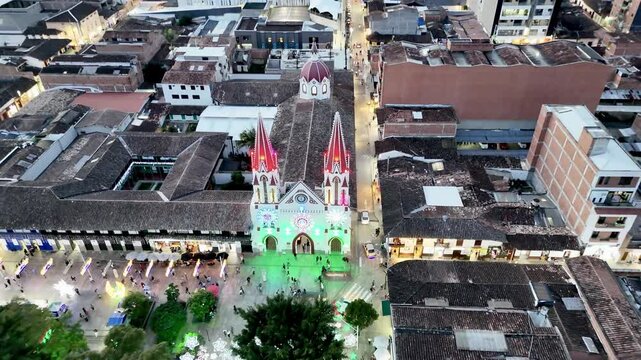 Aereal view of the town of La Ceja del Tambo, and at the center the Bas&iacute;lica Menor de Nuestra Se&ntilde;ora del Carmen during Christmas