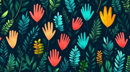 Growth, Hope, Community Vibrant Hands Reach Upwards in a Seamless Pattern, Illustration