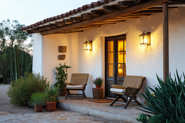 Spanish style hacienda porch with illuminated lanterns and rattan chairs at dusk. Mediterranean villa exterior with terrace garden and potted cacti. Desert vacation home.
