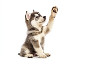 Adorable puppy raises paw in playful gesture against a bright background