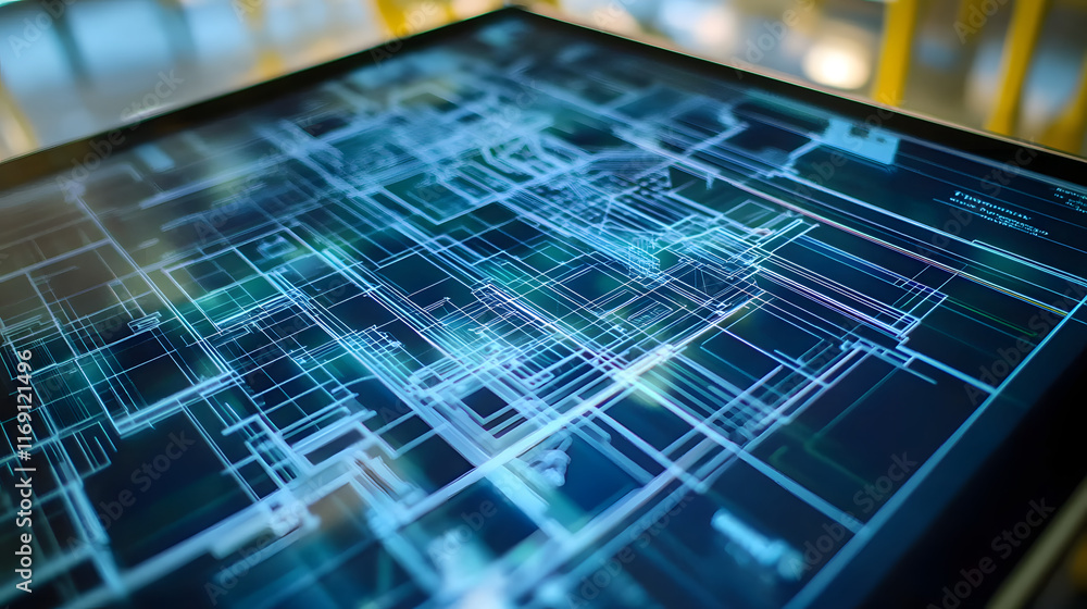 Poster a closeup of a bim model on a large touchscreen tablet with detailed annotations and measurements di