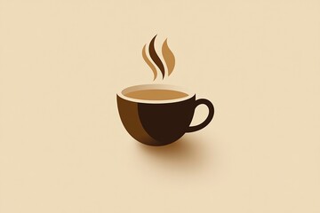 Obraz premium A minimalist illustration of a steaming cup of coffee made with smooth vector lines. The cup is placed centrally on a light beige background. The color scheme uses earthy browns and creamy whites.