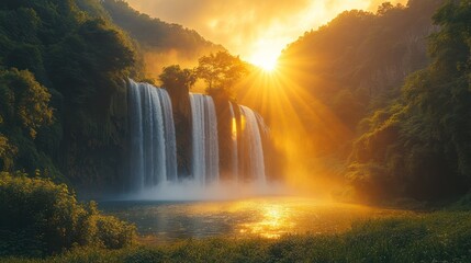 Majestic waterfall at sunrise, sun rays illuminate the cascading water and lush greenery.