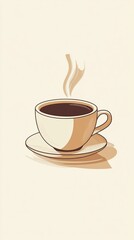 Obraz premium A minimalist illustration of a steaming cup of coffee made with smooth vector lines. The cup is placed centrally on a light beige background. The color scheme uses earthy browns and creamy whites.