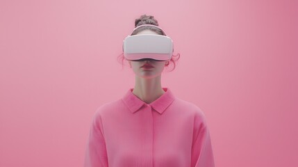 Obraz premium Young Woman Engaged in Virtual Reality Experience Against Pink Background for Event Archiving