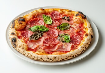 Delicious Neapolitan Pizza Topped with Salami, Fresh Basil, and Rich Tomato Sauce on a Crisp, Charred Crust Served on a White Plate