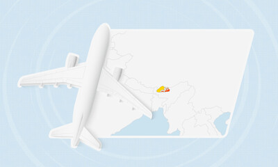 Bhutan Travel Illustration with Plane and National Flag. Airplane Flying Over Bhutan Map.